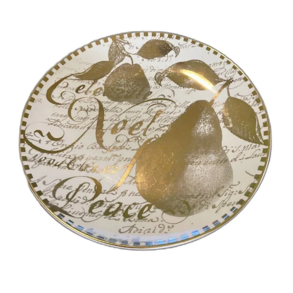 3 Vintage Restoration Hardware Noel Peace Dessert Plates White Gold Christmas